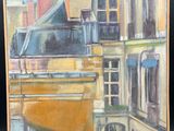 une peinture à l'huile représentant un bâtiment surmonté d'une horloge