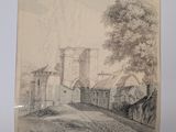 an old drawing of a castle with a gate in the foreground