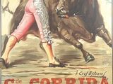 poster advertising a bullfight in a spanish town, with a woman in a red cape and a man in a red cape