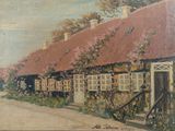 tableau représentant un gîte rural avec un vélo garé au bord de la route