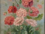 une peinture à l'huile représentant des fleurs roses et rouges sur fond bleu