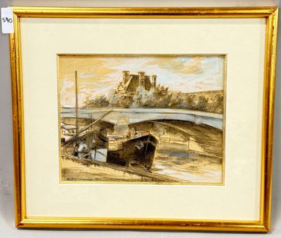 tableau représentant un bateau sur une rivière, avec un château en arrière-plan