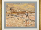 tableau représentant un homme sur une plage, avec un cheval en arrière-plan