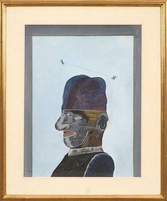 tableau représentant un homme coiffé d'un chapeau et vêtu d'un uniforme, avec un oiseau sur la tête