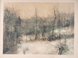 une photo d'un tableau représentant des arbres sous la neige