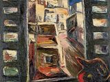 tableau représentant une vue de la ville depuis une fenêtre où se trouve un vase