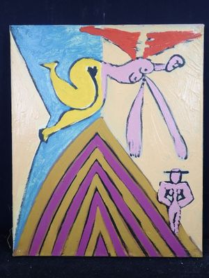 un tableau représentant un oiseau et un homme sur une colline
