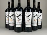 six bouteilles de vin sont alignées sur une table
