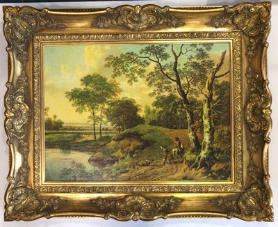 a painting of a landscape with a river and trees in the foreground