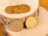 three coins sitting on a piece of wood on a table