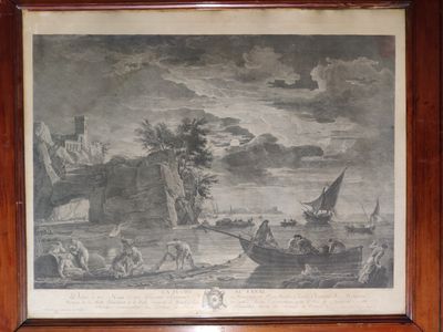 an old picture of a boat in a body of water with a castle in the background