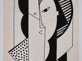 a black and white drawing of a woman ' s face