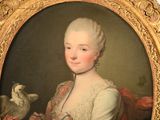 portrait of a lady with a dog in a gold frame