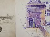 two sketches of a city with a bridge and a boat