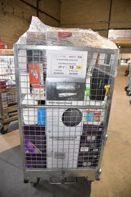 a cart with a lot of items in it in a warehouse