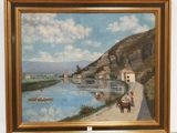 a painting of a man and a woman walking along a river