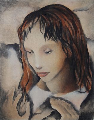 painting of a young girl with long red hair and a white shirt