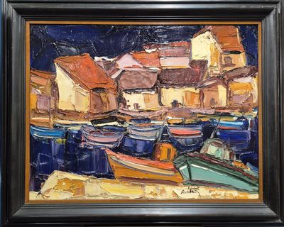 une peinture représentant une peinture de bateaux sur l'eau