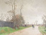 un tableau représentant une personne marchant sur une route avec un parapluie