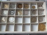 many coins in a case that are sitting on a table