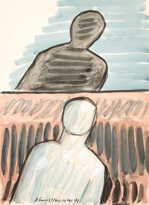 painting of a person sitting on a bench with a person standing in front of him