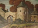 un tableau représentant un château sur une colline, avec des arbres en arrière-plan