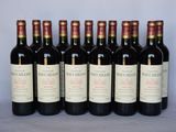 six bottles of red wine lined up in a row on a table