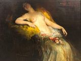 une peinture à l'huile représentant une femme assise sur une chaise, avec des fleurs dans les cheveux