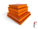 several orange books stacked on top of each other on a white surface