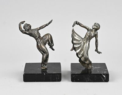paire de figurines Art déco représentant des danseuses, sur des socles en marbre