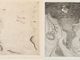 two drawings of a woman and a bird in a landscape