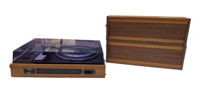 a wooden box with a record player and a cd player