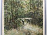 an oil painting of a bridge over a stream in a forest