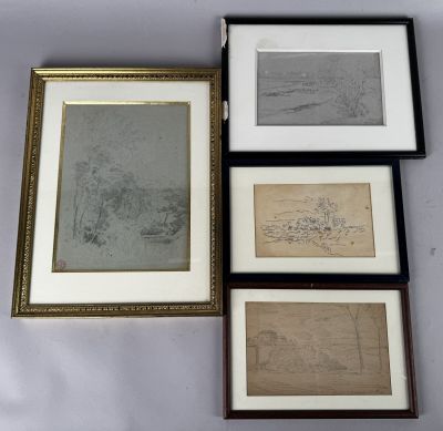 three framed drawings of a man and a woman on a beach