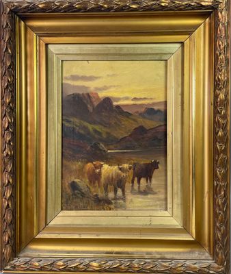 tableau représentant des vaches dans un paysage montagneux, avec des montagnes en arrière-plan