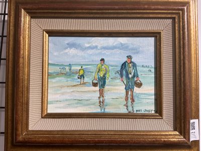un tableau représentant deux hommes marchant sur la plage