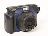 a black and blue digital camera on a white background