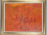 an oil painting of a group of people riding horses in a field