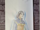 a drawing of a woman in a green dress and a picture of a man in a blue cape
