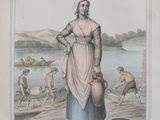 a drawing of a woman in a dress and hat
