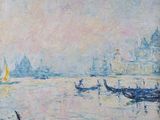 an oil painting of boats in a body of water near a shore