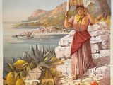 an old poster of a woman carrying a basket of fruit