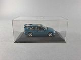 a blue toy car in a clear display case