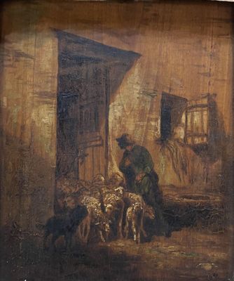 tableau représentant un homme s'occupant d'un troupeau de moutons dans une grange