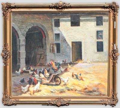 a painting of chickens in a barn with a building in the background