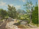 a picture of a painting of a dirt road in the country