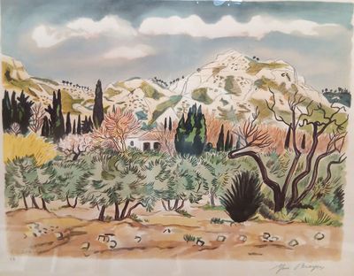 une image représentant un tableau représentant une scène désertique avec une montagne en arrière-plan