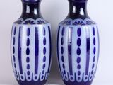 paire de vases bleus et blancs posés sur une surface blanche