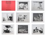 six photographies en noir et blanc représentant un groupe de personnes assises sur un banc