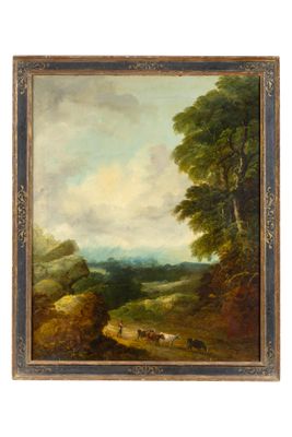 une peinture à l'huile représentant un paysage avec du bétail paissant dans un champ